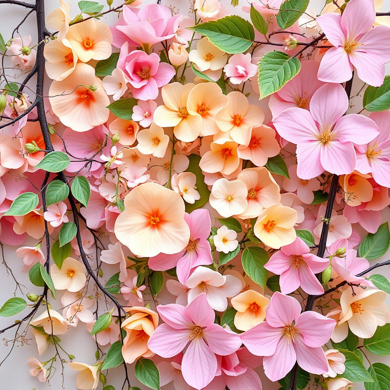 Create a vibrant floral design with soft pastel colors, featuring delicate vines, leaves, and flowers, in a high-resolution style, using a Canon EOS R5, f/2.8 aperture, 35mm lens, 1/125 sec shutter speed, and natural lighting for enhanced clarity and detail.