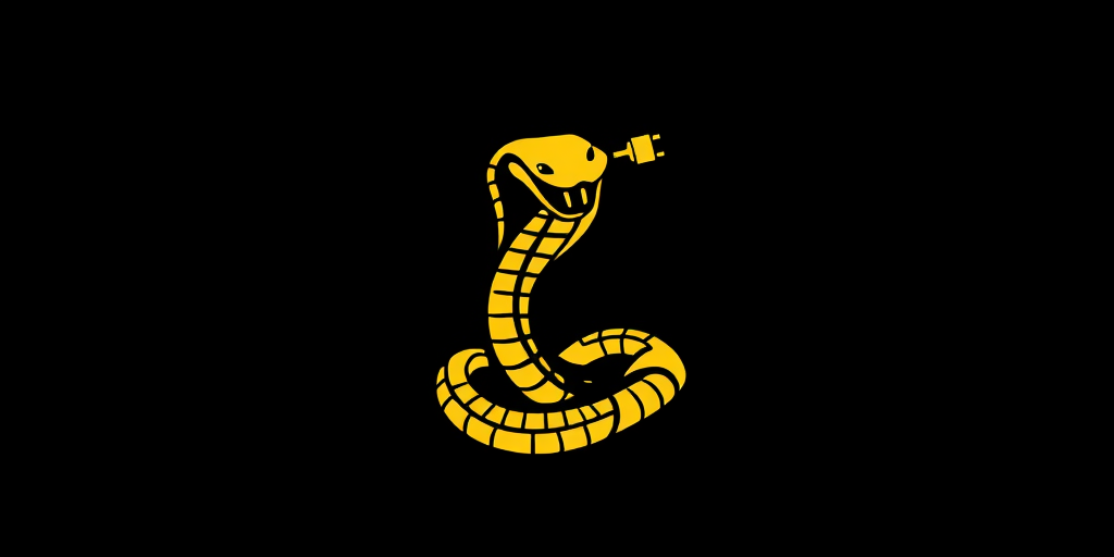 Create a high-resolution logo design featuring a stylized snake with a plug at its head on a black background, using a DSLR camera with a 50mm lens, f/1.8 aperture, ISO 100, natural lighting, and a shallow depth of field.