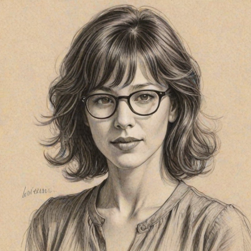Captivating Sophie Marceau, pencil sketch, portrait of Bewitching woman 1930s in glasses, hair style beatnik, outline, clear lines, fine lines, 8k