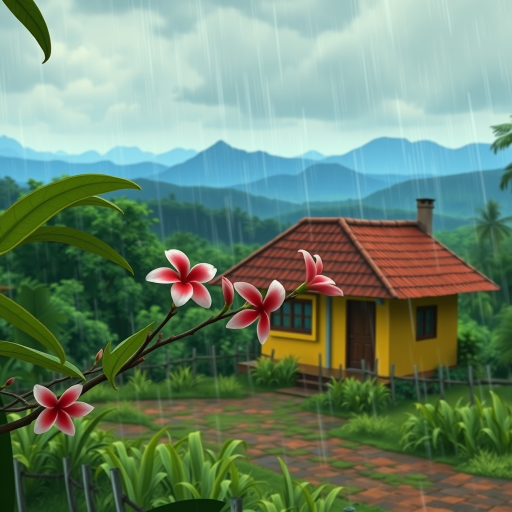 A rural, small bungalow with yellow walls and a red-tiled roof. The bungalow is nestled in the lush landscape of Colombia, Costa Rica. In the foreground, a branch of tropical flowers from a flowering tree. In the background, distant hazy mountains. There is a stormy sky and heavy rain. An animated still-shot from Studio Ghibli, Hayao Miyazaki.