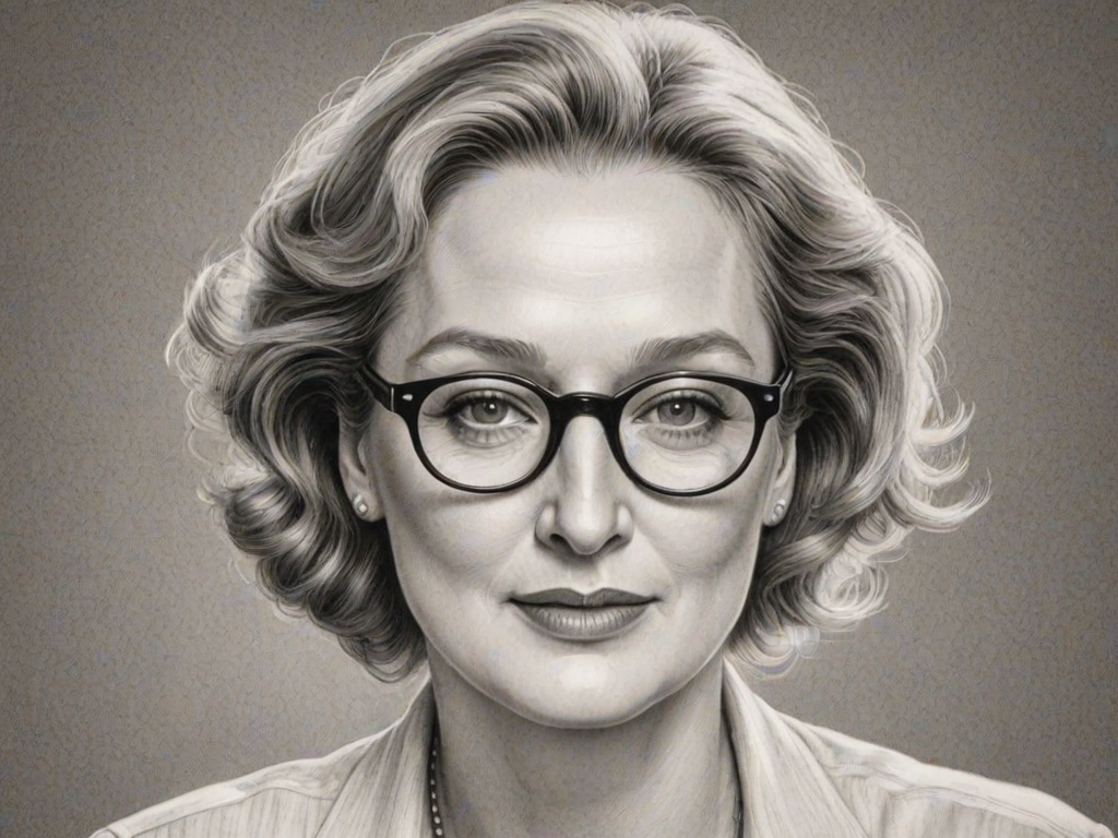 Enchanting Meryl Streep, pencil sketch, portrait of Captivating woman 1930s in glasses, hair style beatnik, outline, clear lines, fine lines, 8k
