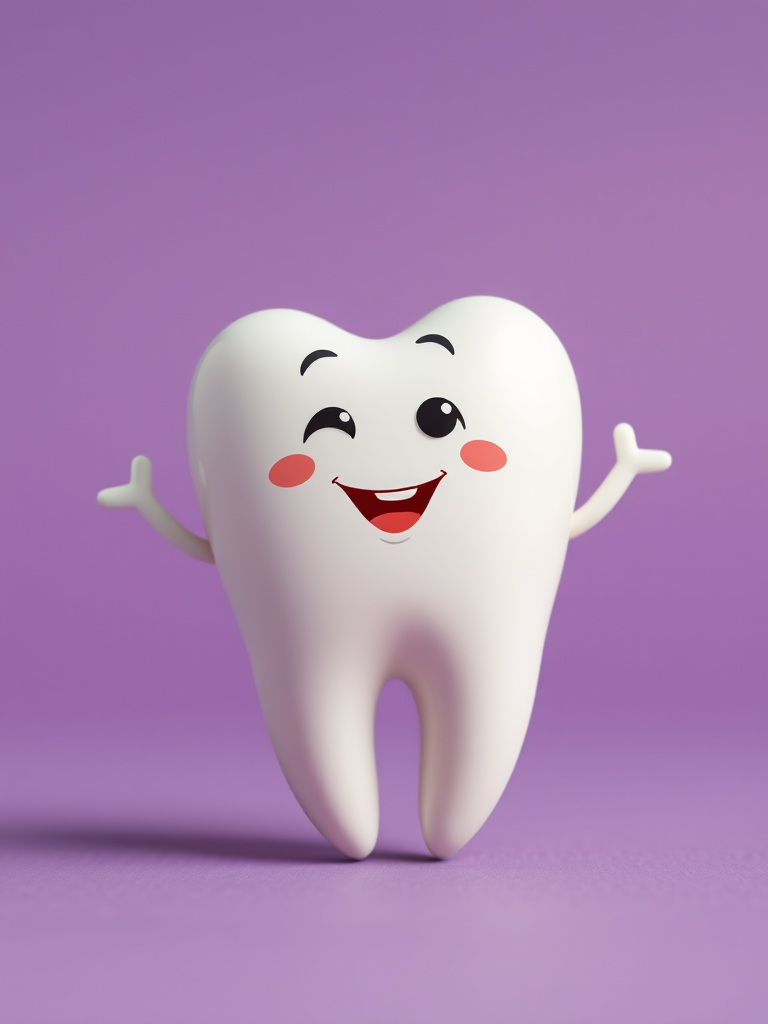 Create a cute and playful cartoon tooth character against a soft purple background, using a Canon EOS R5 camera with a 50mm f/1.2 lens, aperture set to f/2.8, ISO 100, and a shallow depth of field to enhance the character's details while softly blurring the background.