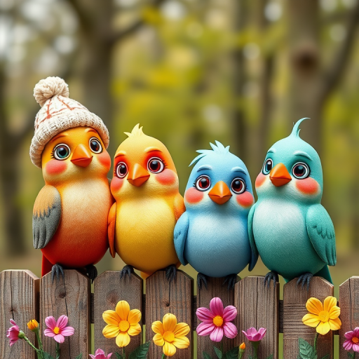 create a scene of 4 quirky  whimsical colourful comical birds each with a funny expression. they are sat on a wooden fence with colourful flowers. they are all different sizes. each one is a different colour  one is wearing a woolly hat. Each one has a different quirky google expression and there is a muted background of trees watercolour paintierly style high definition 8k resolution 3D paper mache