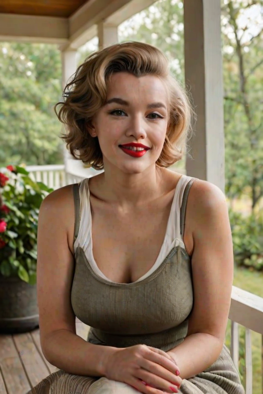 A photo of Marilyn Monroe with a background of a cozy porch. She has dark hair pulled back in an updo, with tendrils framing her face. She wears a white tank top and sits on the porch. The porch is part of a well-lit home with a warm, earthy tone and colorful flowers and foliage. The overall scene has a warm, welcoming, and comfortable ambiance.