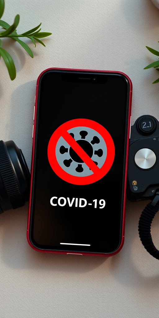 Create a high-resolution digital illustration of a smartphone displaying a "No COVID-19" symbol with a virus icon and text, captured with a DSLR camera at f/2.8 aperture, ISO 100, 50mm lens, in a flat lay style with soft natural lighting.
