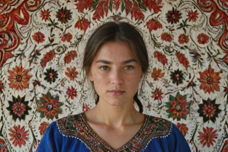 Face, shoulders, chest covered in openwork Tajik embroidery. Raw, unedited image.