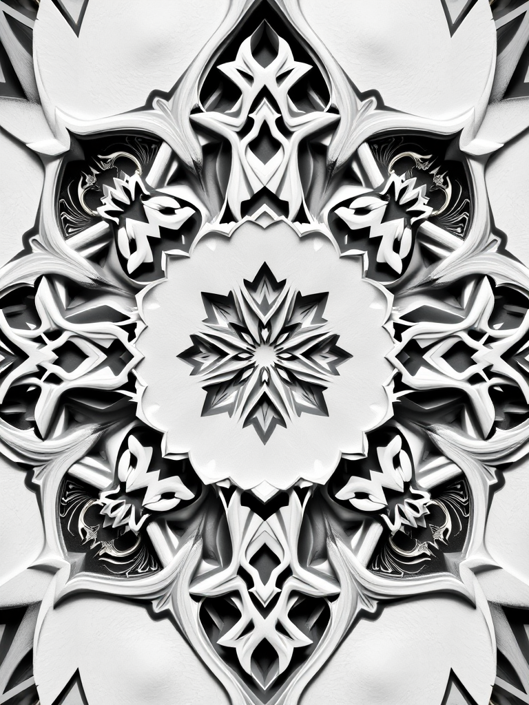 Generate an abstract design featuring intricate geometric shapes and patterns in a monochromatic color scheme, captured with a DSLR camera at f/2.8 aperture, ISO 100, 1/200 sec shutter speed, taken from a top-down view with natural lighting for enhanced detail.