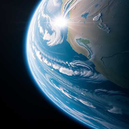 Regenerate an image of Earth from space showcasing a detailed view of the curvature, captured with a wide-angle lens at 24mm, f/8 aperture, ISO 100, in high dynamic range with astrophotography settings on a full-frame DSLR camera.
