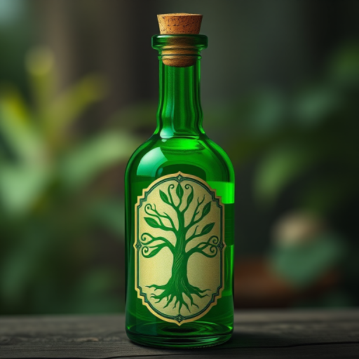 Create a high-resolution illustration of a green potion bottle with a cork top, featuring a tree design on its label, using a DSLR camera at 50mm with an aperture of f/2.8, a shallow depth of field, and natural lighting to enhance details and colors.