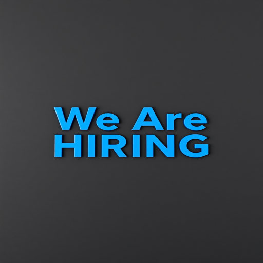 Create an image featuring the text We Are Hiring in bold blue letters against a dark gray background, surrounded by simple outlined silhouettes of people, captured with a DSLR camera at f/8 aperture, 50mm lens, 1/125 shutter speed, shot from a straight-on perspective for clarity and emphasis.