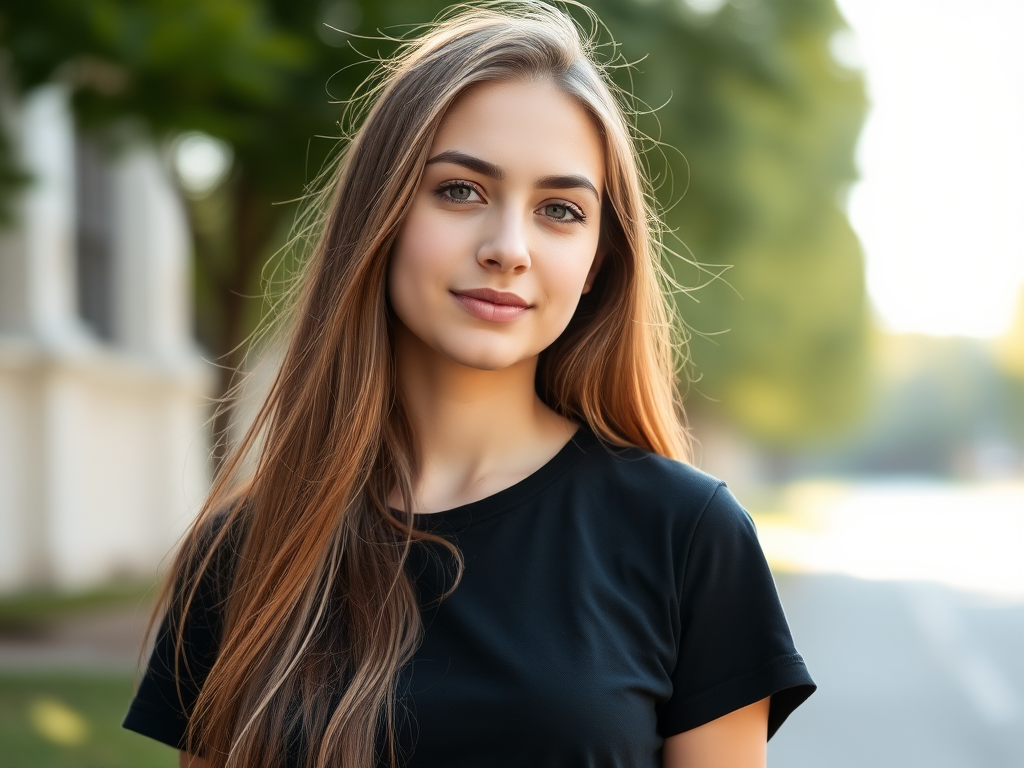 Portrait of a young woman with long hair wearing a black t-shirt, standing outdoors in soft sunlight, f/1.8 aperture, 50mm lens, ISO 100, shallow depth of field, natural lighting, full body shot.