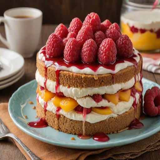 Create an image of a delicious cake with layers of creamy filling, topped with fresh raspberries and slices of peach. The cake should have a graham cracker crust and a vibrant berry sauce drizzling down the sides. The setting should be a cozy kitchen with soft natural light.