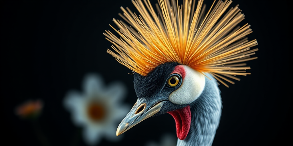 portrait of a crowned crane with intricate details, soft diffused lighting, shallow depth of field, 85mm lens, f/1.8 aperture, ISO 100, shot in a studio setting, dark background with flowers, high-resolution photography