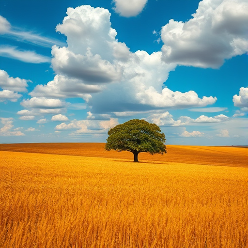 Landscape photo of a solitary tree in a golden field under a vibrant sky with fluffy clouds, captured with a Canon EOS 5D Mark IV at f/8, ISO 100, 1/125s, using a wide-angle lens for a sweeping view, maximizing color saturation and sharpness.