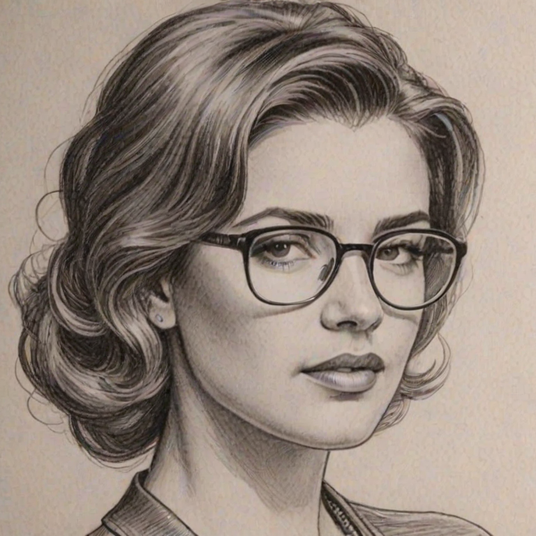 Enticing Robin Thicke, pencil sketch, portrait of Superb woman 1935s in glasses, hair style beatnik, outline, clear lines, fine lines, 8k