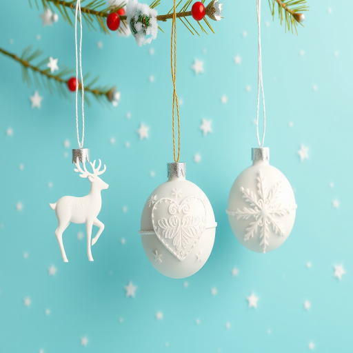Create a festive Christmas scene featuring three white ornaments with different designs (a deer, hearts, and stars) hanging against a soft turquoise background, with snowflakes scattered throughout the scene, using a DSLR camera with a 50mm lens at f/2.8, ISO 100, 1/125 shutter speed, shot in natural light for enhanced clarity and vibrant colors.