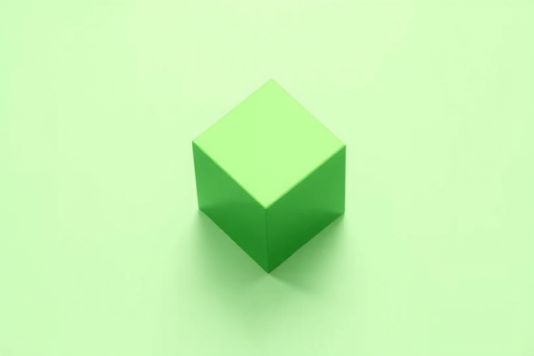 Create an illustration of a green cube on a monochromatic background with soft shadows, shot in high resolution using a DSLR camera with an aperture of f/8, ISO 100, and a focal length of 50mm, in a top-down view with studio lighting for enhanced clarity and detail.