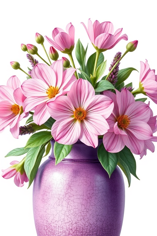 botanical illustration of pink flowers in a textured purple vase, close-up view, natural lighting, aperture f/2.8, ISO 100, shutter speed 1/200s, DSLR camera, vivid colors and sharp details