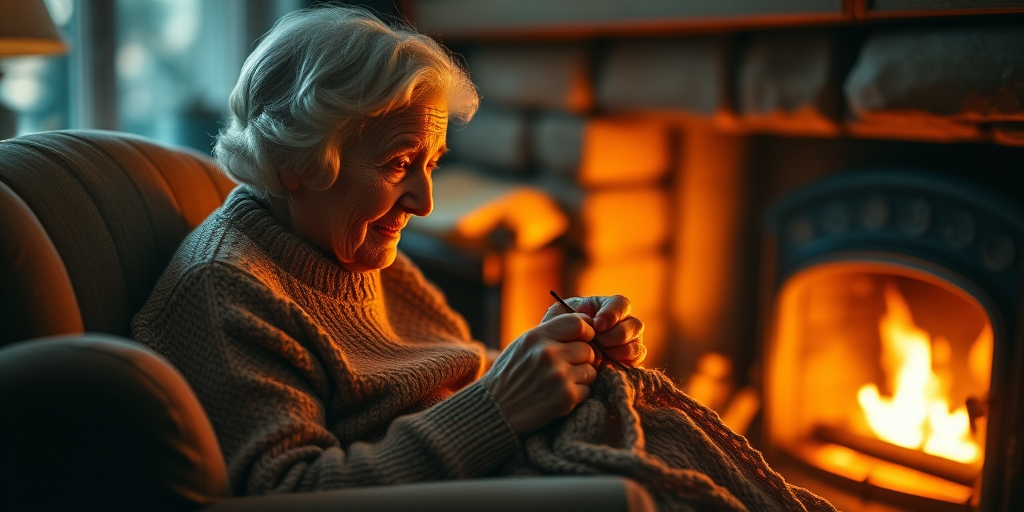 Warm, softly lit image of a grandmother knitting in an armchair by the fireplace, soft glow from the flames illuminating her hands, the smell of wool and woodsmoke filling the room, and the sense of quiet concentration and warmth.