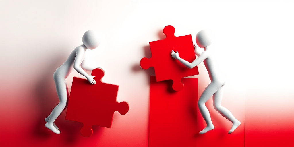 create an image of two stylized human figures, one on each side, working together to connect large red puzzle pieces, with a plain white background, captured with a Canon EOS R5, 50mm lens, aperture f/2.8, ISO 100, using a high-key lighting style for a bright and clean look
