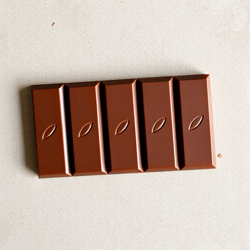 Create a high-resolution image of a chocolate bar with five rectangular pieces, using a DSLR camera, aperture f/2.8, ISO 100, 50mm lens, natural light, top-down view to capture texture and details on a neutral background.