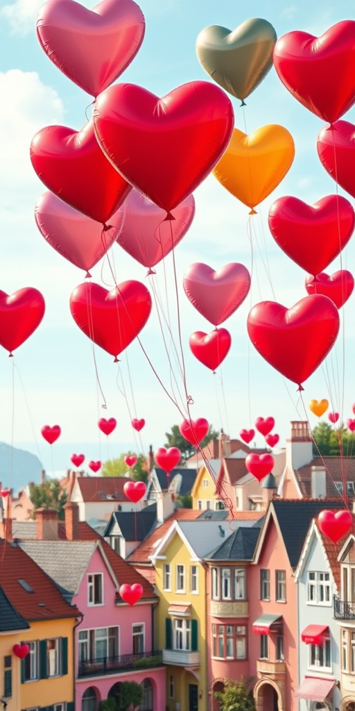 a vibrant, whimsical cityscape filled with colorful heart-shaped balloons floating above a charming collection of houses, captured using a Canon EOS R5 with a 24-70mm f/2.8 lens, at f/8, ISO 100, natural lighting, wide-angle view for a sense of depth and wonder