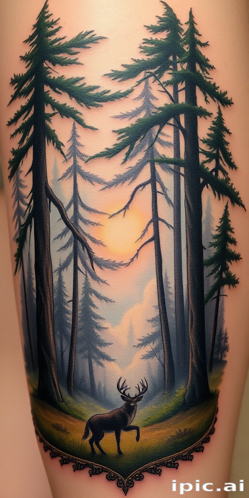 Realistic forest scene tattoo showcasing a misty landscape with towering trees, hidden wildlife, and dappled sunlight, capturing the serene atmosphere of an enchanted woodland
