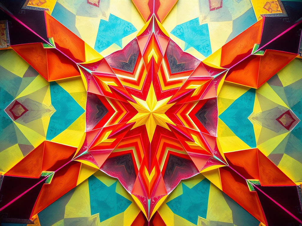 Create a high-resolution image of a geometric abstract pattern with vibrant colors, using a Canon EOS R5 camera at f/8 aperture, ISO 100, and a focal length of 50mm, shot from a top-down view with natural lighting.
