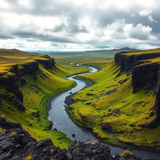 regenerate an image of a vast, rugged landscape with a winding river surrounded by lush green grass and dark volcanic rock under a cloudy sky