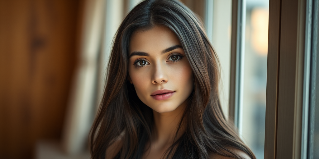 Create a portrait of a young woman with long, dark hair and a serene expression, soft natural lighting from a window, shallow depth of field, 50mm lens, f/1.8, ISO 200, capture a warm and intimate atmosphere.