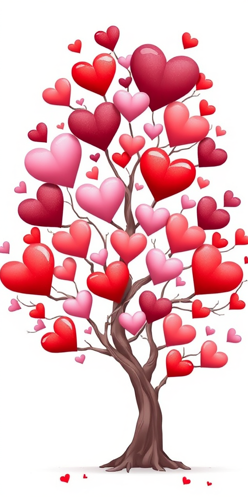Generate an illustration of a whimsical tree made of hearts in varying shades of red and pink, set against a bright white background, captured with a Canon EOS R5 using a 50mm f/1.8 lens, aperture set to f/2.8, ISO 100, and a soft-focus style to enhance image quality and depth.