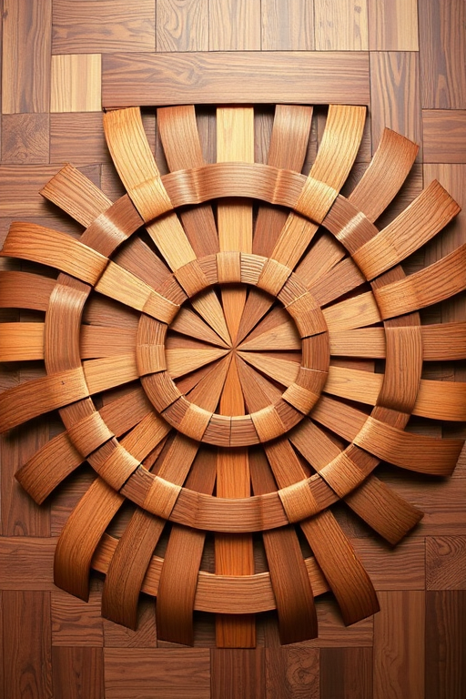 create an intricate wooden pattern that appears to warp and weave in an optical illusion style, shot with a DSLR camera at f/8 aperture, ISO 100, 24mm lens, top-down view, sharp focus, high-resolution, natural lighting