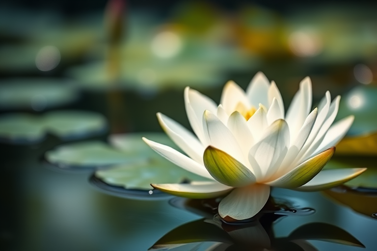 Capture a close-up of a white water lily blooming on a still pond, with soft bokeh in the background, using a DSLR camera with a 50mm f/1.8 lens, aperture set to f/2.8, ISO 100, shutter speed 1/2000s, natural light, and a low angle to enhance the flower's details and softness.