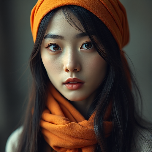 Create a portrait of a young Korean woman with long, dark hair and captivating hazel eyes. She is wearing a orange headscarf and a matching scarf draped gracefully around her neck. The background is softly blurred, focusing attention on her serene and natural expression. The overall color palette is muted and warm, enhancing the intimate and authentic feel of the portrait.
