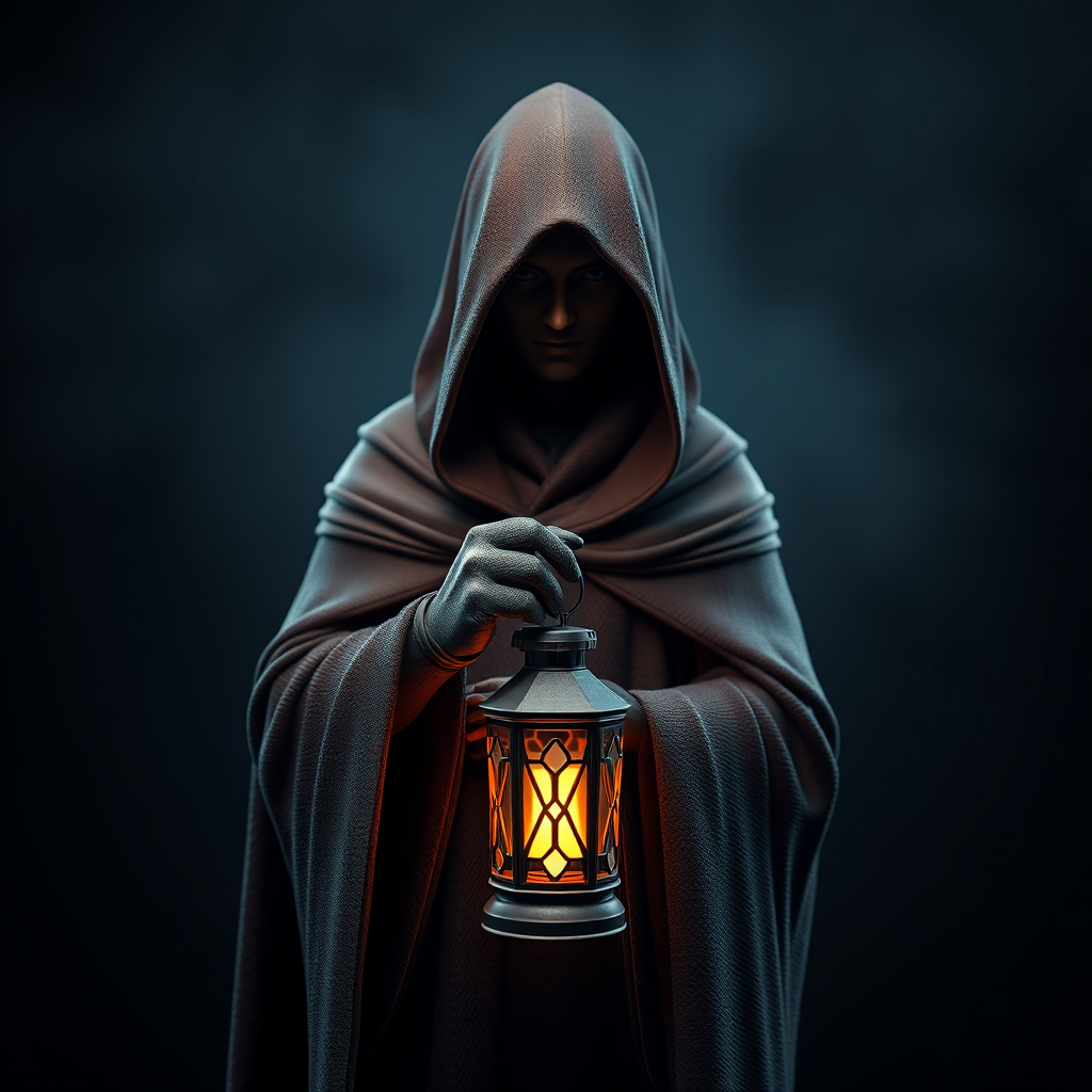 Create a highly detailed 3D rendering of a cloaked figure holding a lantern, set against a dark, moody background, with soft lighting to enhance the textures, using a Canon EOS R5, 85mm f/1.2 lens, ISO 100, aperture f/2.8, and a slight depth of field for a dramatic effect.
