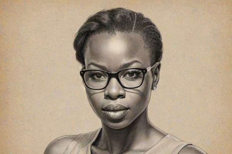 Attractive Danai Gurira, pencil sketch, portrait of Wonderful woman 1926s in glasses, hair style beatnik, outline, clear lines, fine lines, 8k