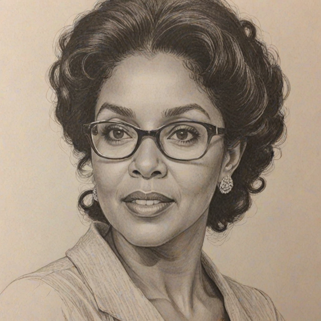 Comely Phylicia Rashad, pencil sketch, portrait of Gorgeous woman 1968s in glasses, hair style beatnik, outline, clear lines, fine lines, 8k