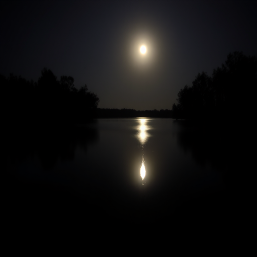 create a serene night landscape featuring a bright full moon reflecting on calm water, with dark silhouettes of trees and a peaceful atmosphere, shot with a Canon EOS R5, 50mm lens, f/1.8 aperture, ISO 100, shutter speed 1/2 second, in long exposure style to enhance illumination and clarity
