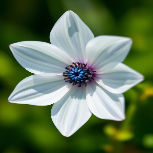A close-up shot of a white flower with a blue center, shot on a DSLR camera with a 50mm lens, aperture f/2.8, ISO 100, natural lighting, and a shallow depth of field to highlight the intricate details of the petals against a blurred green background.