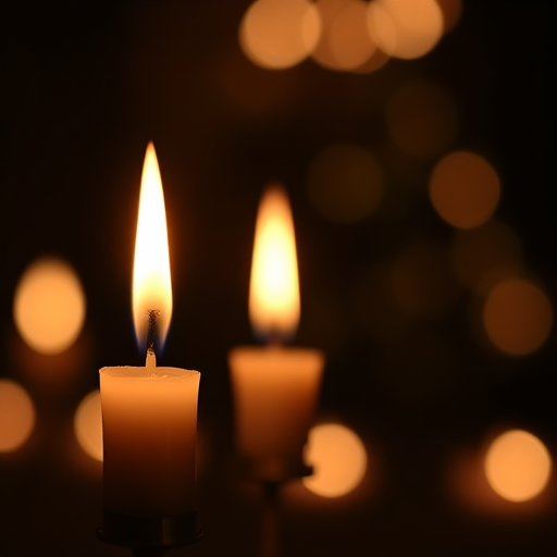 Candlelight in dark setting with soft bokeh background, f/1.8, 50mm lens, ISO 100, 1/60 sec, macro shot on DSLR camera to enhance image quality.