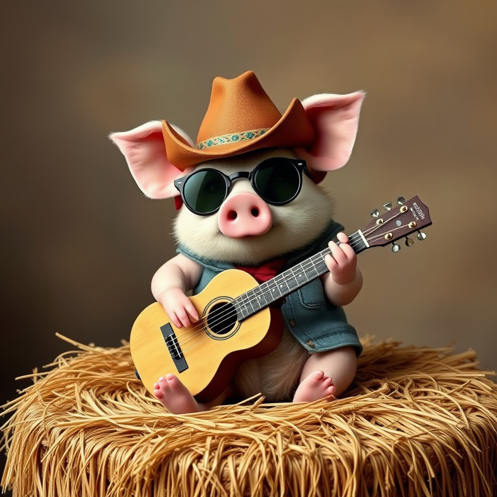 A chibi pig, dressed as a cowboy, playing guitar, sitting on a hay bale