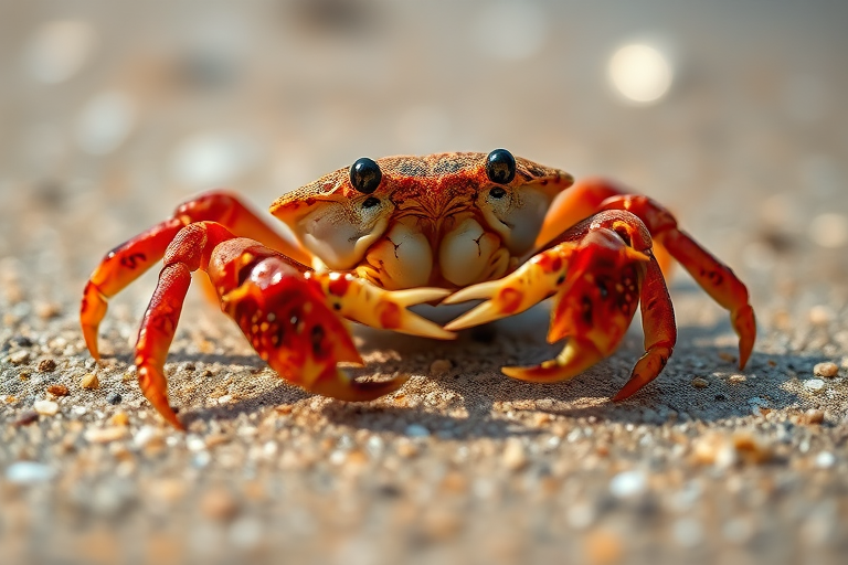 Capture a close-up of a crab on the beach using a Canon EOS 5D Mark IV, 100mm macro lens, f/8 aperture, ISO 200, 1/250s shutter speed, shallow depth of field, natural lighting.