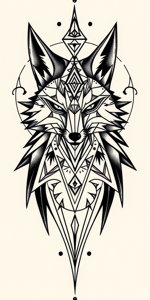 Geometric animal tattoo dubbed "Sacred Fox" combining sharp angular lines and shapes to form a stylized representation of a fox infused with spiritual and mystical symbolism