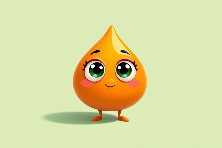 Create a cute cartoon character resembling a droplet with a smooth orange exterior, large expressive eyes, and a subtle shadow on a light green background, captured with a Canon EOS R5 at f/2.8, 50mm lens, ISO 100, in a bright and airy style.
