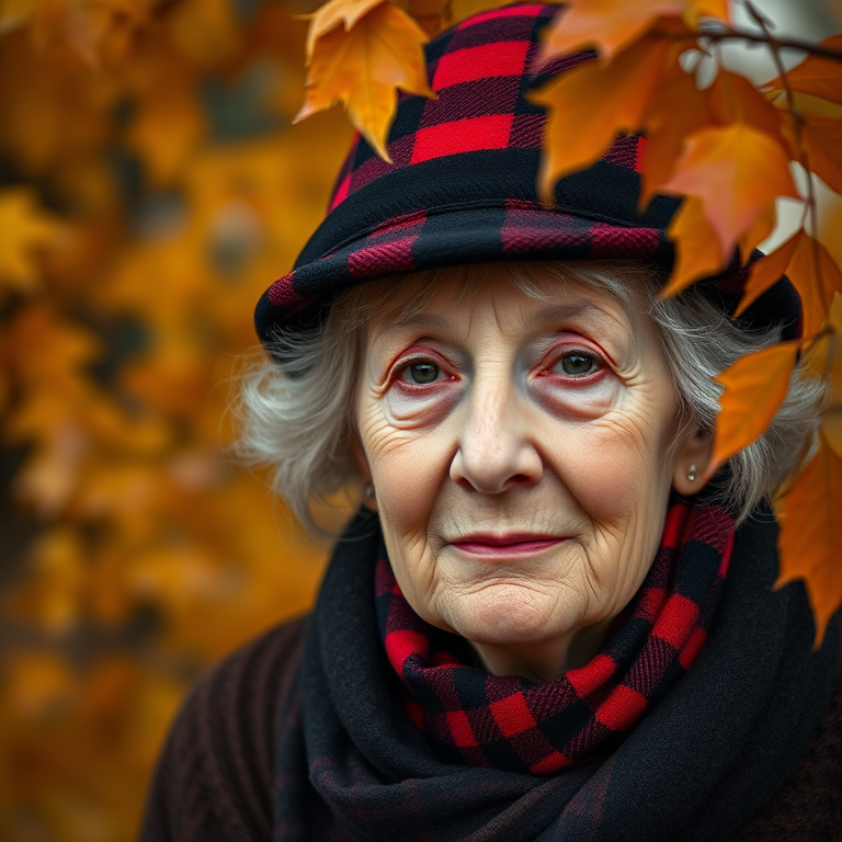portrait of an elderly woman with grey hair wearing a black and red checkered hat and scarf, surrounded by autumn leaves, shot with a Canon EOS R5 at 85mm f/1.2, ISO 100, natural light, shallow depth of field to emphasize subject against blurred background