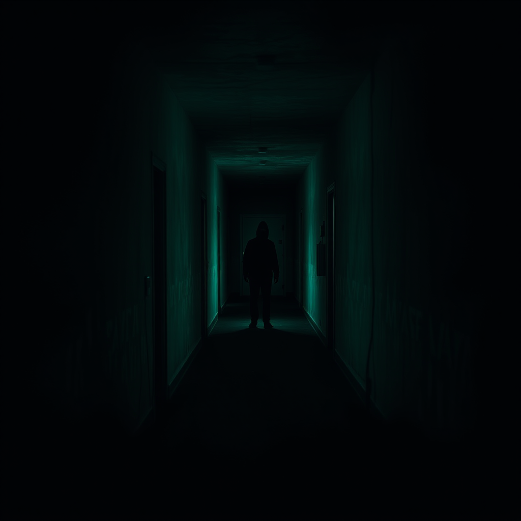 Regenerate a dark, atmospheric corridor scene with a shadowy figure at the end, using a Canon EOS R5, 35mm lens, f/1.4 aperture, ISO 100, 1/60 sec shutter speed, with an eerie green color palette and high dynamic range for enhanced depth and detail.