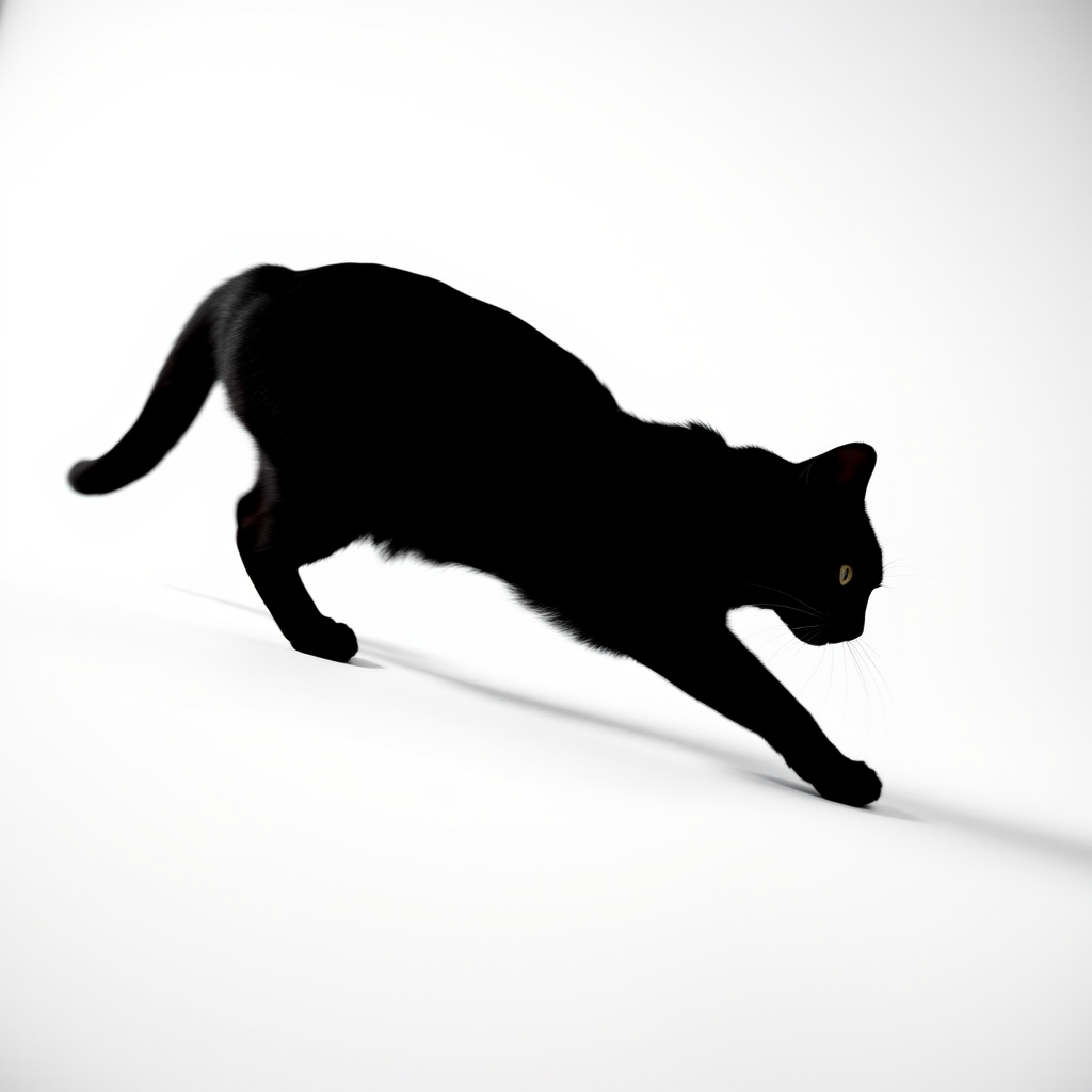 Generate a high-resolution image of a minimalist black silhouette of a cat stretching on a white background, using a DSLR camera set to f/2.8 aperture, ISO 100, 1/200 sec shutter speed, shot from a low angle with a wide-angle lens for depth and clarity.