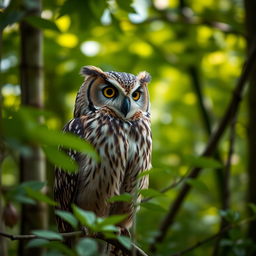A close-up of a detailed owl perched in a lush forest setting, 50mm lens, f/2.8 aperture, ISO 400, soft natural lighting, DSLR camera, high resolution.