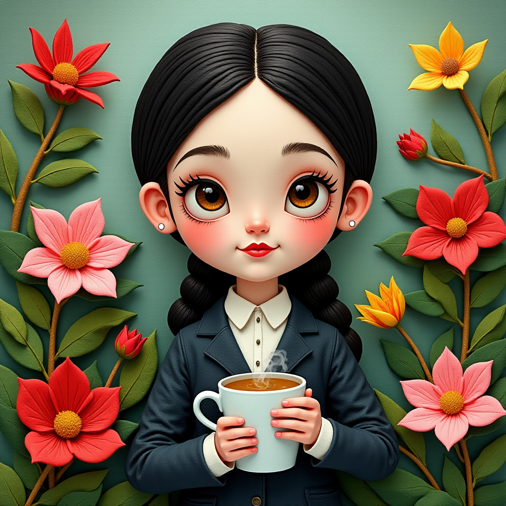 Wednesday Addams holding a steaming coffee mug, depicted in colorful felt textures. The artwork has a serene and tranquil atmosphere, emphasizing the beauty of nature, and evokes a nostalgic and whimsical feeling suitable for children's picture books, greeting cards, and home decor.