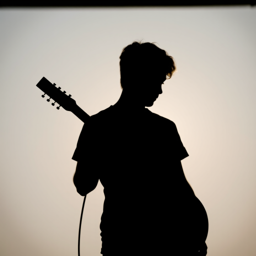 Generate a high-resolution black silhouette of a person holding a guitar, with a soft-focus background, taken with a Canon EOS R5, 85mm lens, f/1.8 aperture, ISO 100, shutter speed 1/200s, natural lighting.